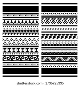 Polynesian Maori tattoo vector pattern, Hawaiian tribal design - two geometric repetitive textile patterns set.
Traditional repetitive design with triangles, zig-zag, abstract shapes in black