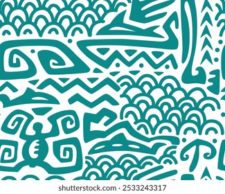 Motivos polinesios. Patrón sin costuras Tiki. Impresión textil azteca. Geométrica, fondo de Vector. Adecuado para imprimir en tela y papel, para fiestas. 