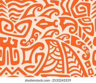 Polynesian motifs. Tiki seamless pattern. Aztec textile print.Geometric, vector background. Suitable for printing on fabric and paper, for parties. 