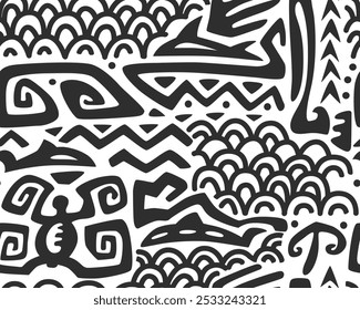 Polynesian motifs. Tiki seamless pattern. Aztec textile print.Geometric, vector background. Suitable for printing on fabric and paper, for parties. 