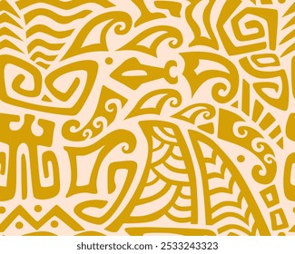 Polynesian motifs. Tiki seamless pattern. Aztec textile print.Geometric, vector background. Suitable for printing on fabric and paper, for parties. 