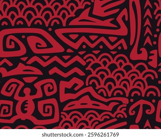 Polynesian motifs. Tiki seamless pattern. Aztec textile print.Geometric, vector background. Suitable for printing on fabric and paper, for parties. 