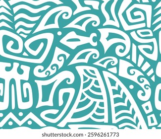 Polynesian motifs. Tiki seamless pattern. Aztec textile print.Geometric, vector background. Suitable for printing on fabric and paper, for parties. 