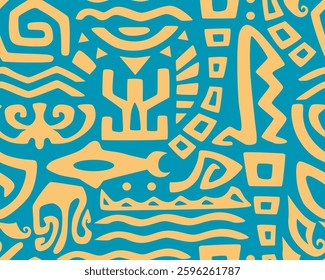Polynesian motifs. Tiki seamless pattern. Aztec textile print.Geometric, vector background. Suitable for printing on fabric and paper, for parties. 