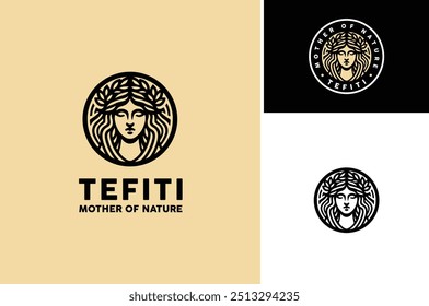 Polynesian or Oceania Woman Face with long hair wears Flower Crown or Headdress Wreath for Beauty Hawaiian Goddess or Pretty Tahitian Girl label logo design