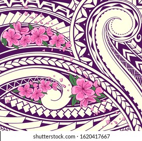 Polynesian ornamental theme with sakura blossom. Two styles fusion