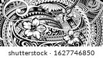 Polynesian pattern design with ethnic motives and floral elements.