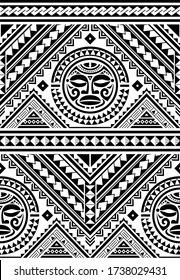 Polynesian seamless geometric vector pattern with Maori face mandala tattoo design, Hawaiian tribal background inspired by art traditional geometric art. Repetitive background in black and white