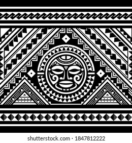 Polynesian seamless geometric vector pattern with Maori face mandala tattoo design, Hawaiian tribal ornament in white on black background. 
Repetitive abstract design, traditional textile print