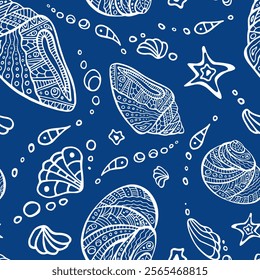 Polynesian shell irregular navy blue seamless pattern. Trendy zenart conch endless texture. Maori sea random repeat boundless background. Tribal ocean surface design. Chaotic detailed marine ornament.