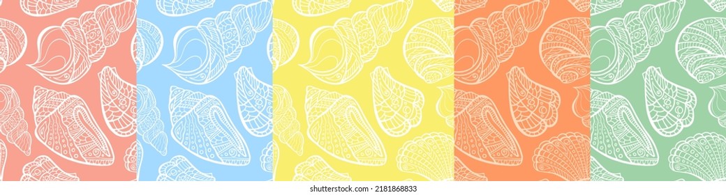 Polynesian shell irregular seamless pattern recolor collection. Zen doodle conch endless texture pack. Maori sea random repeat boundless background. Ocean surface design. Set in light pastel colors.