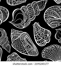 Polynesian shell irregular seamless pattern. Zen doodle conch endless texture. Maori sea random repeat boundless background. Tribal ocean surface design. Chaotic aquatic ornament for textile or cloth