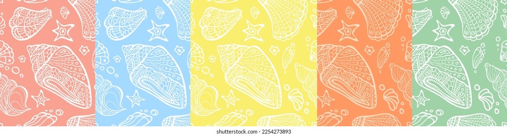 Polynesian shell irregular seamless pattern recolor collection. Zendoodle conch endless texture pack. Maori sea random repeat boundless background. Ocean surface design. Set in light pastel colors.
