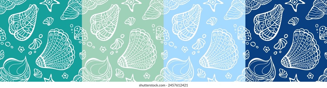 Polynesian shell irregular seamless pattern collection. Zen art conch endless texture set. Marine recolors bundle.Tribal sea random repeat boundless background. Maori ocean surface design. Cold colors