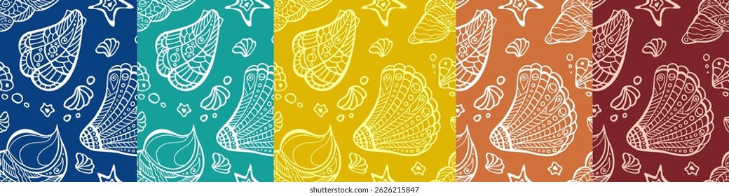 Coleção de recolorir padrão sem emenda irregular de concha polinésia. Zendoodle conch feixe de textura sem fim. Maori mar aleatório repetir fundo ilimitado. Projeto tribal da superfície do oceano. Definido em cores escuras.