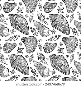 Polynesian shell random seamless pattern. Zentangle conch endless texture. Sea irregular repeat boundless background. Tribal ocean surface design. Chaotic marine ornament for coloring book or apparel.