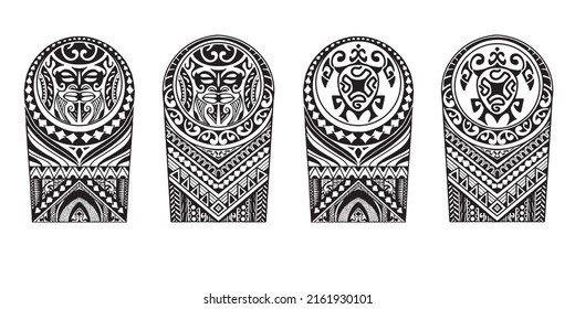 Polynesian shoulder tattoo set design. Pattern aboriginal samoan. Black and white texture Eps10.