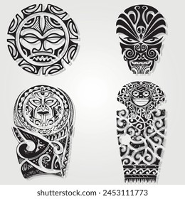 Polynesian sleeve tattoo with faces and scary masks. Vector sketch in Maori tribe style