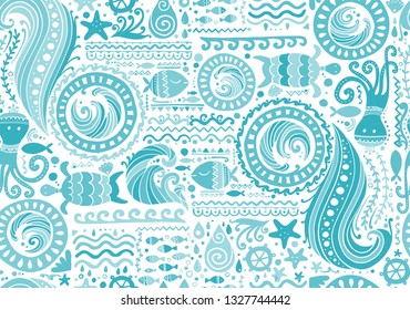 Polynesian style marine background, tribal seamless pattern for your design