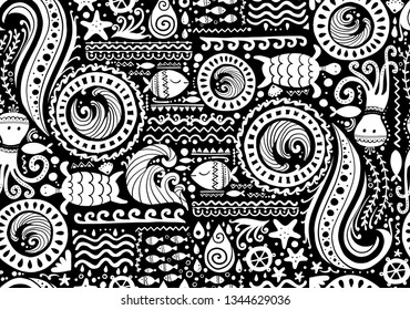 Polynesian style marine background, tribal seamless pattern for your design