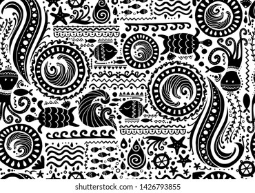 Polynesian style marine background, tribal seamless pattern for your design