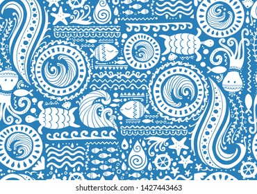 Polynesian style marine background, tribal seamless pattern for your design