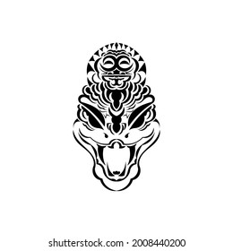 Polynesian style tattoo with mask and snake head.