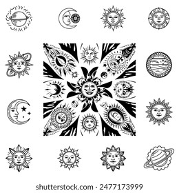 Polynesian style tattoos of sun, moon, planets, vector line image EPS 10