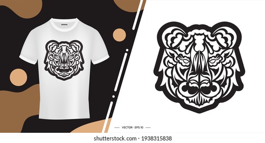 Polynesian style tiger face print. Boho tiger face. Isolated. Vector illustration.
