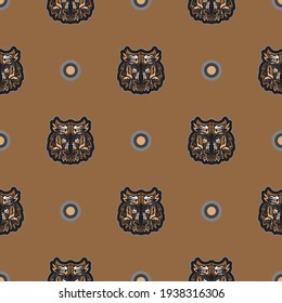 El tigre de estilo polinesio se enfrenta a un patrón ininterrumpido. Cara de tigre de Boho. Bien por la ropa y los textiles. Ilustración vectorial.