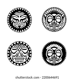 Polynesian sun face maori tattoo style.  Pattern aboriginal samoan. Black and white texture, isolated vector.