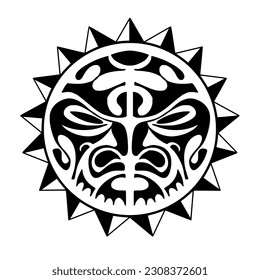 Polynesian sun face maori tattoo style.  Pattern aboriginal samoan. Black and white texture, isolated vector.