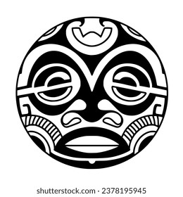 Polynesian sun face maori tattoo style.  Pattern aboriginal samoan. Black and white texture, isolated vector.