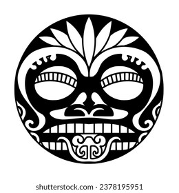 Polynesian sun face maori tattoo style.  Pattern aboriginal samoan. Black and white texture, isolated vector.