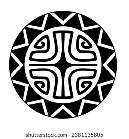 Polynesian sun face maori tattoo style.  Pattern aboriginal samoan. Black and white texture, isolated vector.