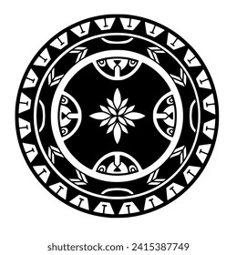 Polynesian sun face maori tattoo style.  Pattern aboriginal samoan. Black and white texture, isolated vector.