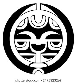 Polynesian sun face maori tattoo style.  Pattern aboriginal samoan. Black and white texture, isolated vector.