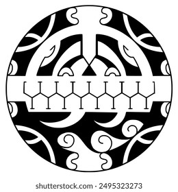 Polynesian sun face maori tattoo style.  Pattern aboriginal samoan. Black and white texture, isolated vector.