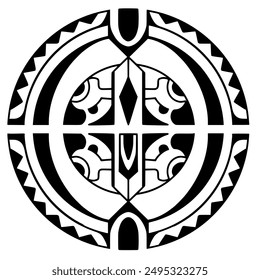 Polynesian sun face maori tattoo style.  Pattern aboriginal samoan. Black and white texture, isolated vector.