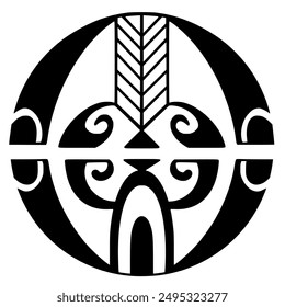 Polynesian sun face maori tattoo style.  Pattern aboriginal samoan. Black and white texture, isolated vector.