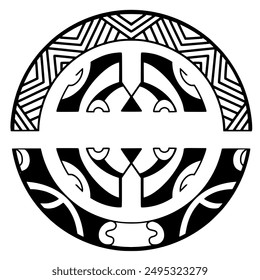 Polynesian sun face maori tattoo style.  Pattern aboriginal samoan. Black and white texture, isolated vector.