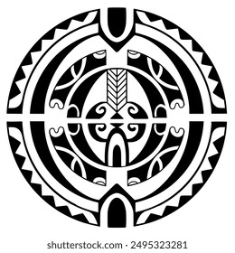 Polynesian sun face maori tattoo style.  Pattern aboriginal samoan. Black and white texture, isolated vector.