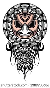Polynesian tattoo design mask. Frightening masks in the Polynesian native ornament