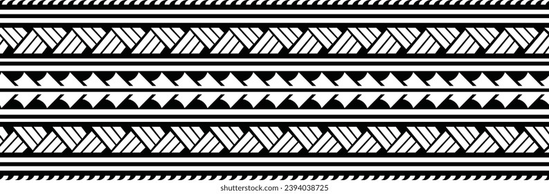 Polynesian tattoo design tribal border. Tribal design ethnic ornament maori band. Samoan Tattoo ribbon sleeve bracelet. Fabric seamless isolated hawaiian armband pattern on white background. 