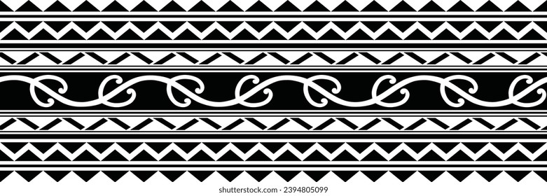 Polynesian tattoo design tribal border. Tribal design ethnic ornament maori band. Samoan Tattoo ribbon sleeve bracelet. Fabric seamless isolated hawaiian armband pattern on white background. 