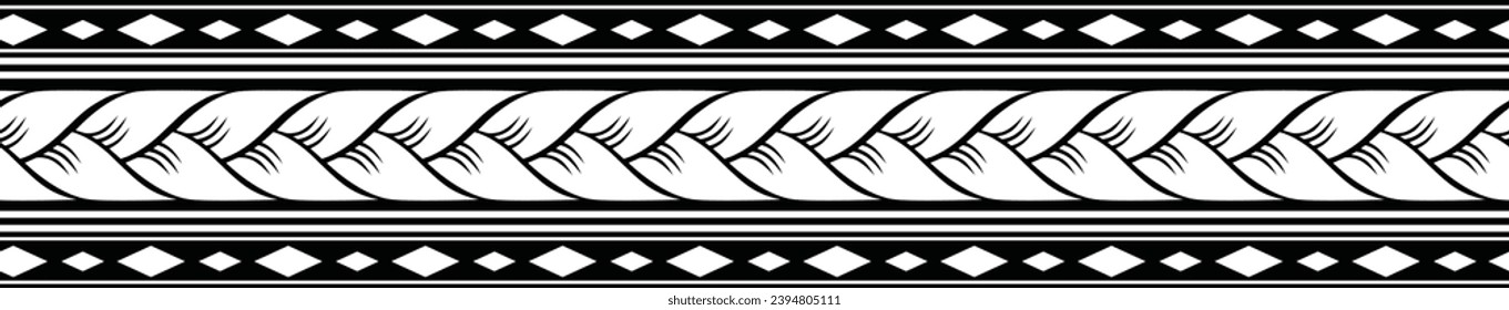 Polynesian tattoo design tribal border. Tribal design ethnic ornament maori band. Samoan Tattoo ribbon sleeve bracelet. Fabric seamless isolated hawaiian armband pattern on white background. 