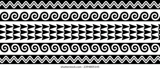 Polynesian tattoo design tribal border. Tribal design ethnic ornament maori band. Samoan Tattoo ribbon sleeve bracelet. Fabric seamless isolated hawaiian armband pattern on white background. 
