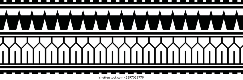 Polynesian tattoo design tribal border. Tribal design ethnic ornament maori band. Samoan Tattoo ribbon sleeve bracelet. Fabric seamless isolated hawaiian armband pattern on white background. 