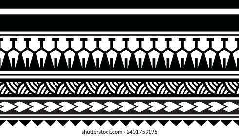 Polynesian tattoo design tribal border. Tribal design ethnic ornament maori band. Samoan Tattoo ribbon sleeve bracelet. Fabric seamless isolated hawaiian armband pattern on white background. 