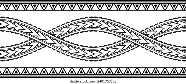 Polynesian tattoo design tribal border. Tribal design ethnic ornament maori band. Samoan Tattoo ribbon sleeve bracelet. Fabric seamless isolated hawaiian armband pattern on white background. 